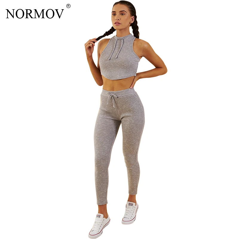 

NORMOV Solid Two Piece Set Summer Suit Female Costume Tracksuit Women Clothing Casual Stripe Crop Top Femme Lace Up Pants