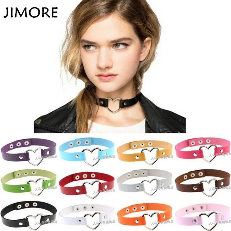 [JIMORE] 37 Цвета женские Кожаные Choker Colar Feminino Сердце Кулон Панк Татуировки Harajuku Chokers
