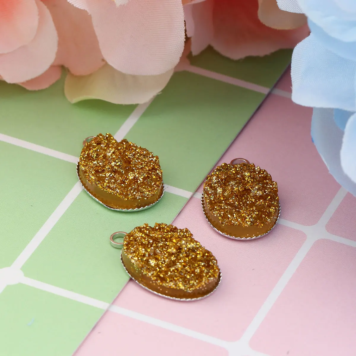 Druzy медный эллипс Шарм кулон синий AB Цвет Матовый круглый смолы патч кулон для женщин DIY ожерелье ювелирные изделия подарок