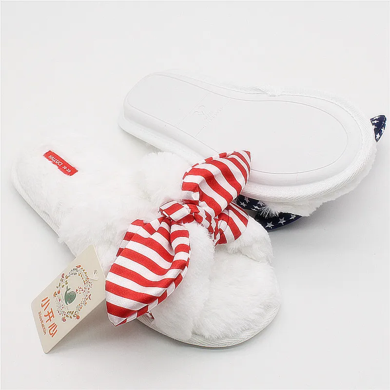 

Fashion Lady's Candy-colored Bow Slippers 2019 New Winter Women White Plush Warm Soft Indoor Home&House Shoes Wedding Slippers