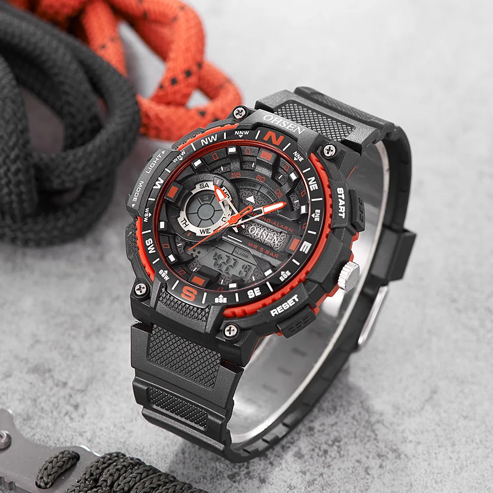 Модные Relogio Masculino OHSEN спортивные часы мужские кварцевые цифровые Красные Hombre с