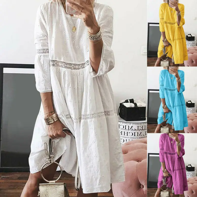 

Women's Bohemian Solid Color O-Neck Cutout 3/4 Sleeve Casual Holiday Dress