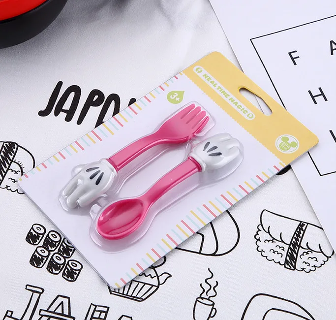 Pink Kawaii набор посуды для малышей с рисунком Микки в форме пальмы, детские столовые приборы, милая пластиковая вилка, детские подарочные столовые приборы, чехол - Цвет: Pink