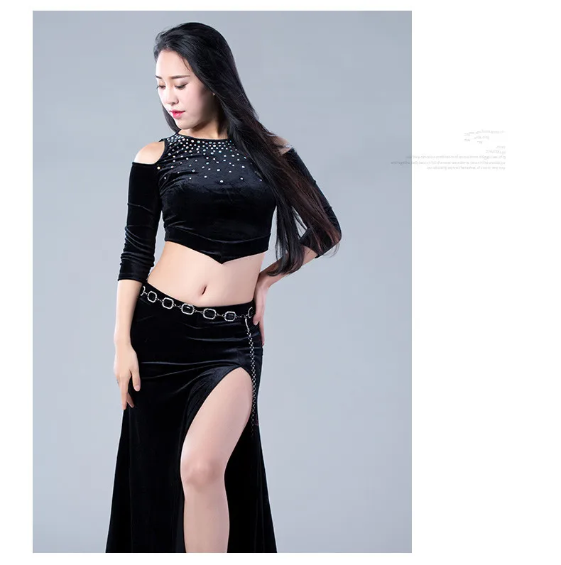 Осень-зима Для женщин комплект из 2 частей Bellydance костюм из бархата с длинными рукавами Блузка с боковыми юбка Корея Дизайн красный зеленый Black Rose