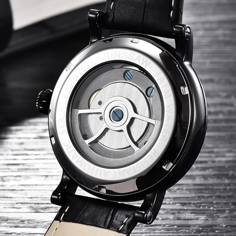 

BINSSAW New Automatic Mechanical Watch Luxury Brand Black Tourbillon Casual Leather Waterproof Sports Watches Relogio Masculino