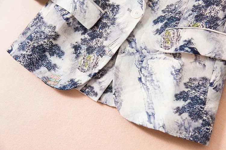 SEQINYY Short Jacket Summer Spring New Fashion Design 3/4 Sleeve Ink Forest Printed Thin Casual Women Linen Blazer