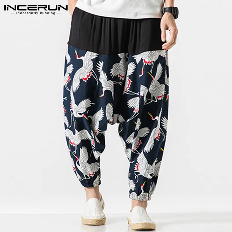 INCERUN Men Harem Pants Print Elastic Waist Drop Crotch Pants Joggers Hip-hop Retro Chinese Style Loose Cotton Trousers Men