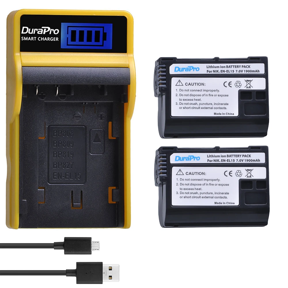 DuraPro 2pc1900mAh EN EL15 литий ионная батарея + LCD USB зарядное устройство для Nikon D800E D800 D600 D7100