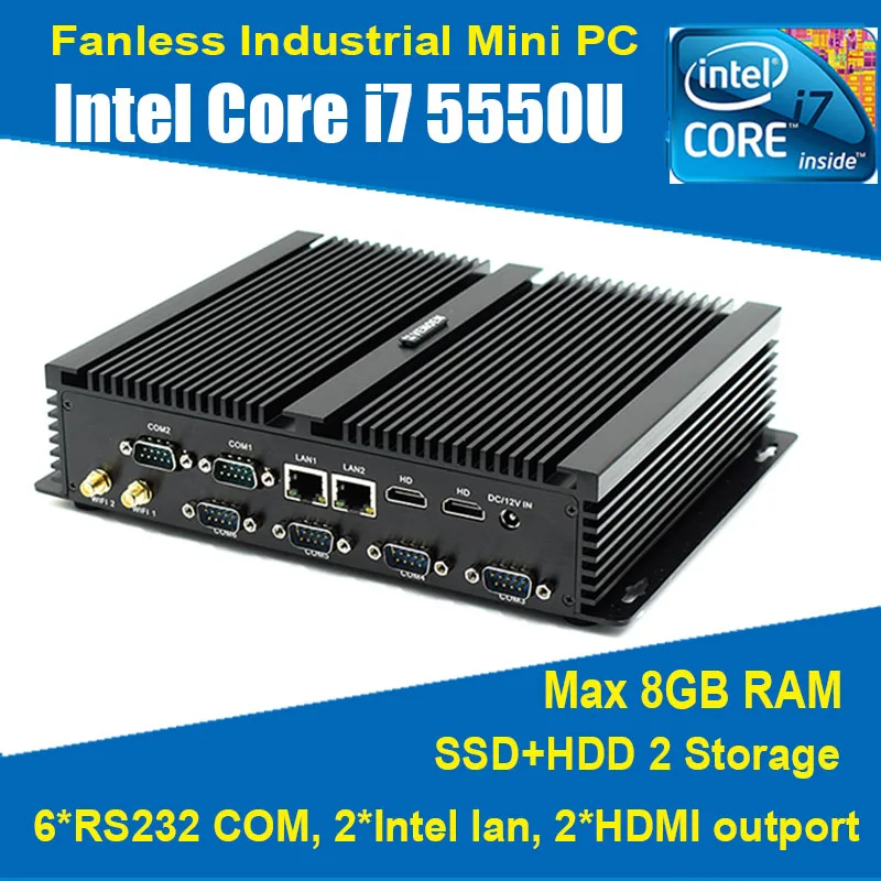 Intel i3 4010U промышленный компьютер Win7 HDMI Core i7 5500U безвентиляторный ПК i5 4200U 2 Gigabit Lan 6 Com