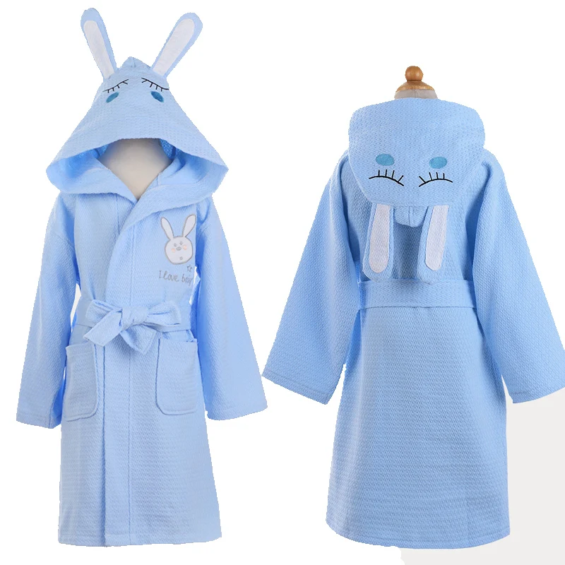 

Child waffle hooded bathrobes spring summer thin cotton child 100% cotton robe