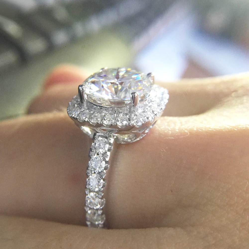 Твердое Настоящее 14 к 585 Белое золото 9 мм 3.0ct карат элегантное DEF цвет круглое обручальное кольцо со светлым окаймлением свадебное Moissanite бриллиантовое кольцо для женщин