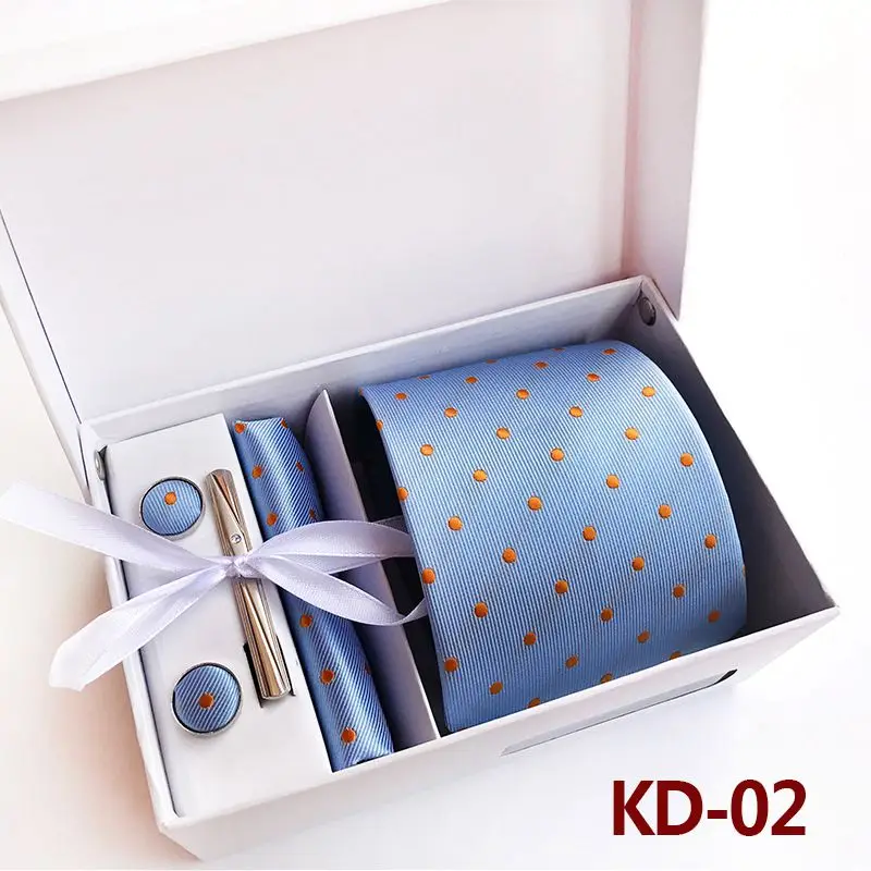 KD02 Новинка, модный галстук, набор, полиэстер, шелк, 8 см., галстуки в горошек, мужские галстуки для мужчин, галстук, платок, запонки, подарочная упаковка, KD01 - Цвет: KD02