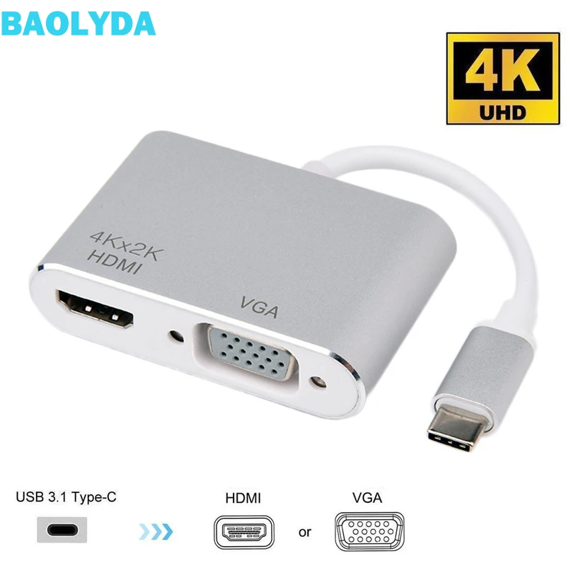 Baolyda USB C к HDMI/VGA 4K UHD 3 1 type VGA/HDMI адаптер одновременно мультидисплей видео конвертер