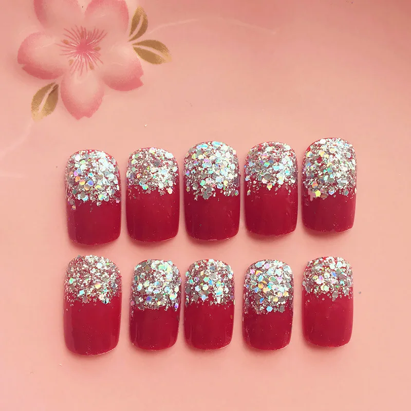 24pcs/set Bride Wedding Party Nail Decoration Women Fashion Glitter Patch Art Tools Red Color Short Size Fake Nails | Красота и