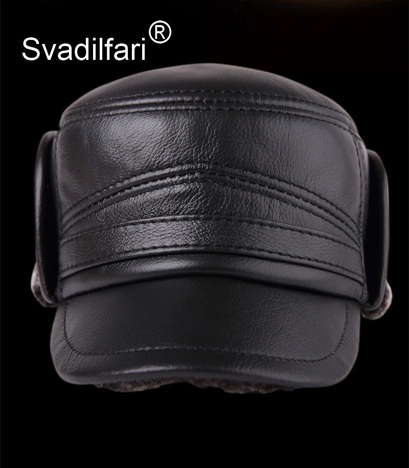 Svadilfari, натуральная кожа, шапка для мужчин, зимняя, плюс бархат, толстая, теплая, бейсболка с наушниками, мужская шапка, яловая кожа, теплые шапки