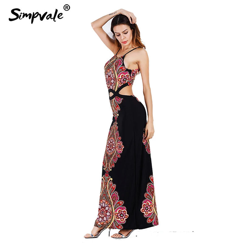 SIMPVALE Boho Стиль принт пупка платье Женский вырезать рукавов ремни Макси платья