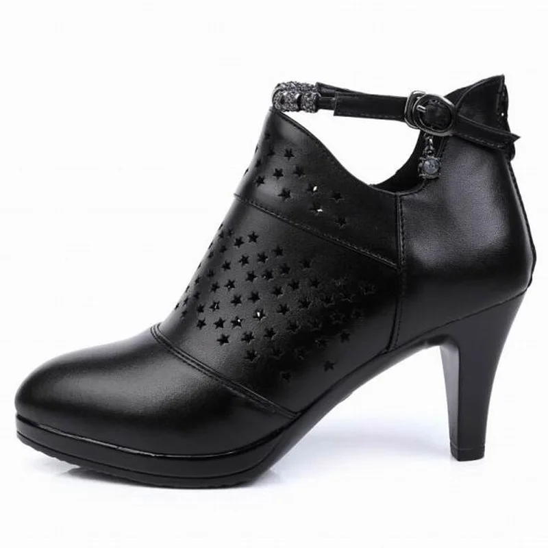 

TIMETANG 2018 Spring Summer New Genuine Leather Women Boots Hollow Out Ankle Boots Comfortable Fashion Shoes 8cm High Heels