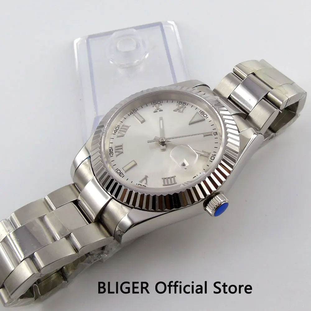 

Fashion 40MM White Sterile Dial Luminous Roman Numerals Stainless Steel Case Sapphire Glass Automatic Movement Men's Watch P417