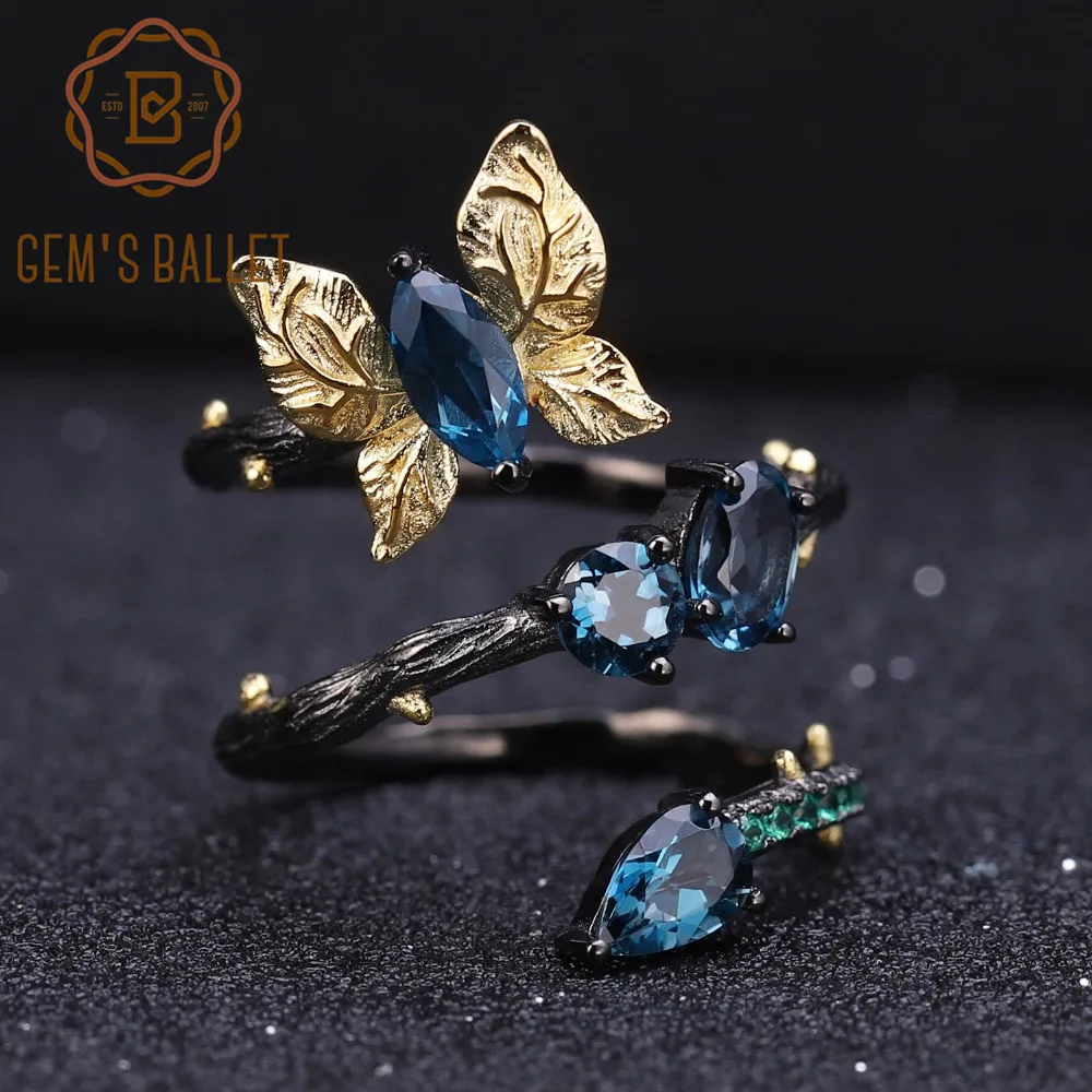 GEM'S балет 1.87Ct натуральный Лондон Голубой топаз кольцо 925 пробы серебро ручной работы бабочка обмотки ветки кольца для женщин Bijoux