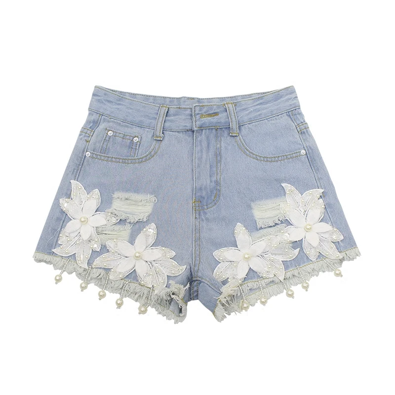 

Women Short Appliques Cotton Short Jeans Flowers Beading Casual Shorts 2018 Summer Fashion Denim Short Jeans Feminino WH24