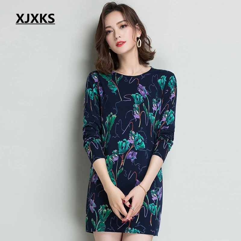 913 Navy Blue XJXKS высокое качество Для женщин свитер реактивной печати негабаритных свитер тонкие модные Повседневный пуловер Для женщин длинные свитера - Цвет: 913 Navy Blue