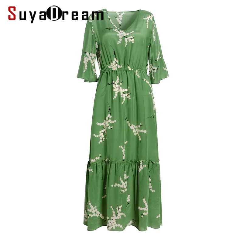 Для женщин длинное платье 100% натуральный шелк креп-зеленого цвета с принтом для