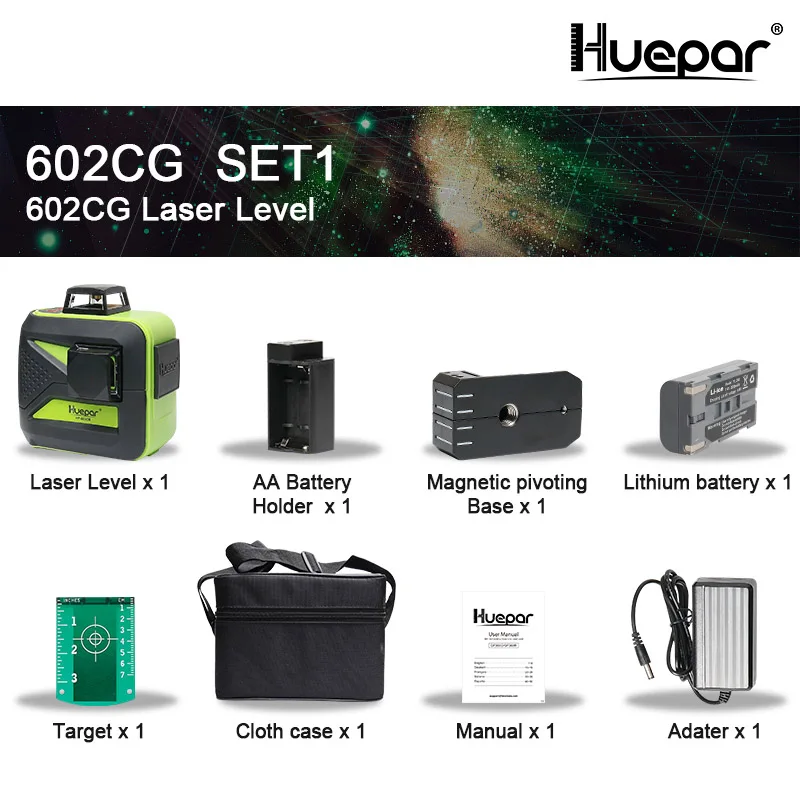 SET 1 Huepar, 8 линий, зеленый луч, 3D, перекрестный лазерный уровень, самонивелирующийся, 360, вертикальная и горизонтальная зарядка через USB, сухая и литий-ионная батарея - Цвет: SET 1