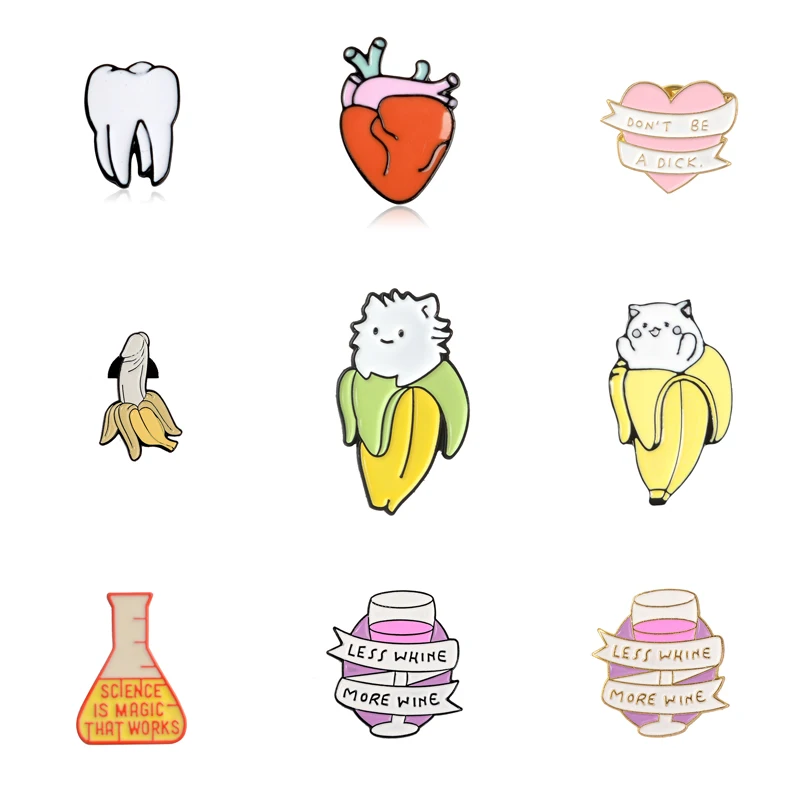 2019 Cartoon enamel Brooches fashion wine glass cup banana cat teeth heart button badge pin bag shirt jewelry gifts for kids | Украшения и