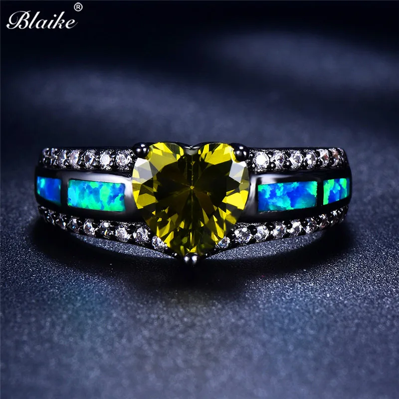 Blaike Aqua Blue/Шампанское/зеленый/розовый, красный/оливковый зеленый/Фиолетовый Сердце Циркон Кольца для женский, черный gold Filled Обручение ювелирные изделия