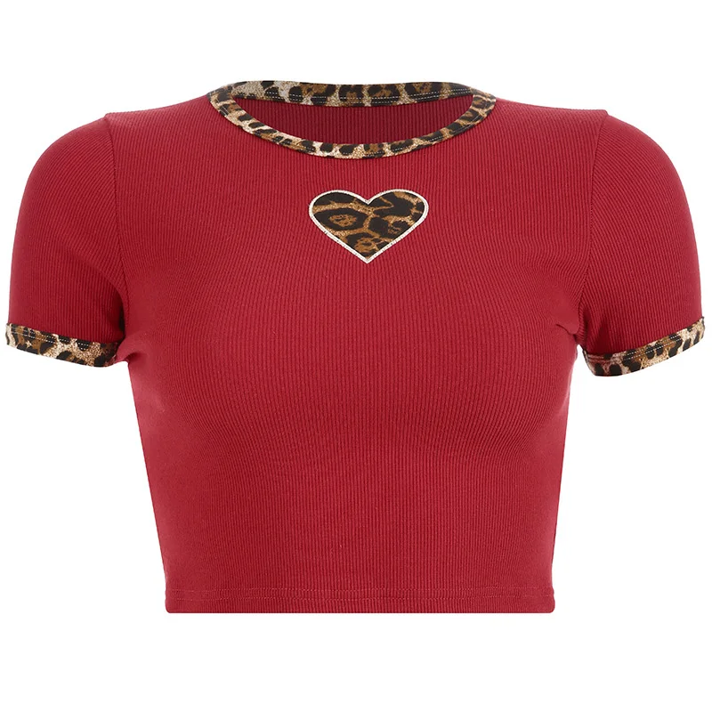

2019 Summer Very Sexy Stylish Short T-shirt Women Leopard Heart Printed Tee Color Block Slim Type
