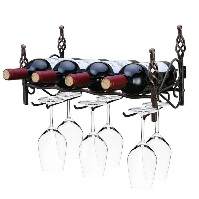 

4 Bottles Bronze Wall Mount Hook Stemware Wine Rack Storage Shelf For Glasses