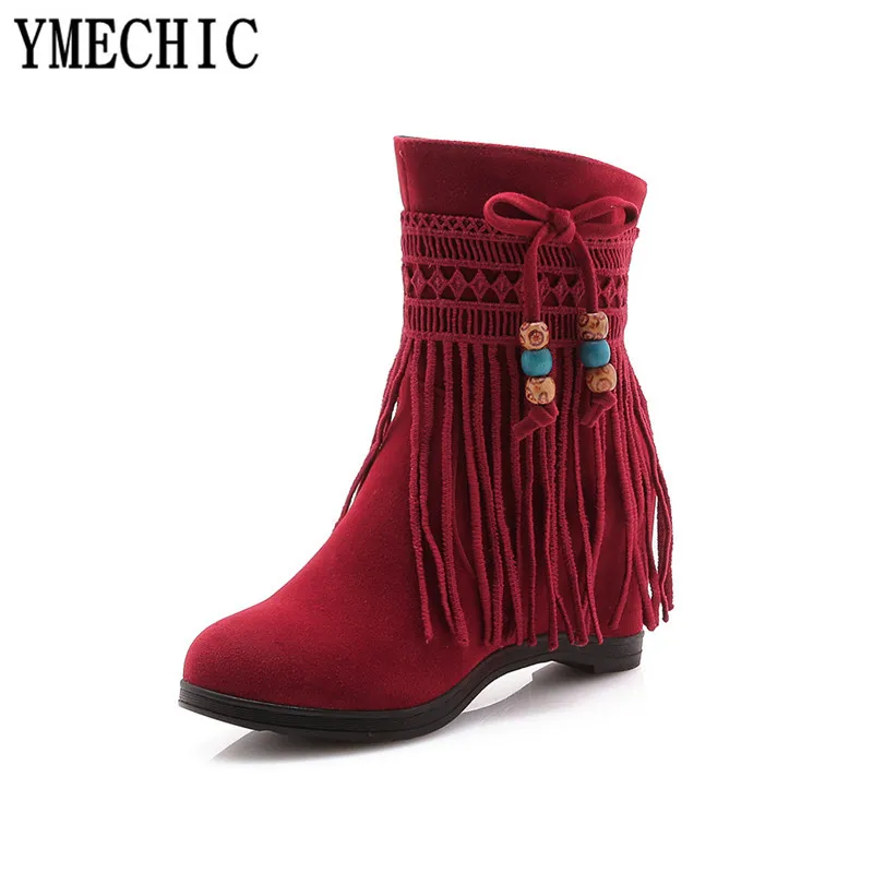 Женские ботинки с бахромой YMECHIC черно-Бежевые из флока бантом-бабочкой на скрытом