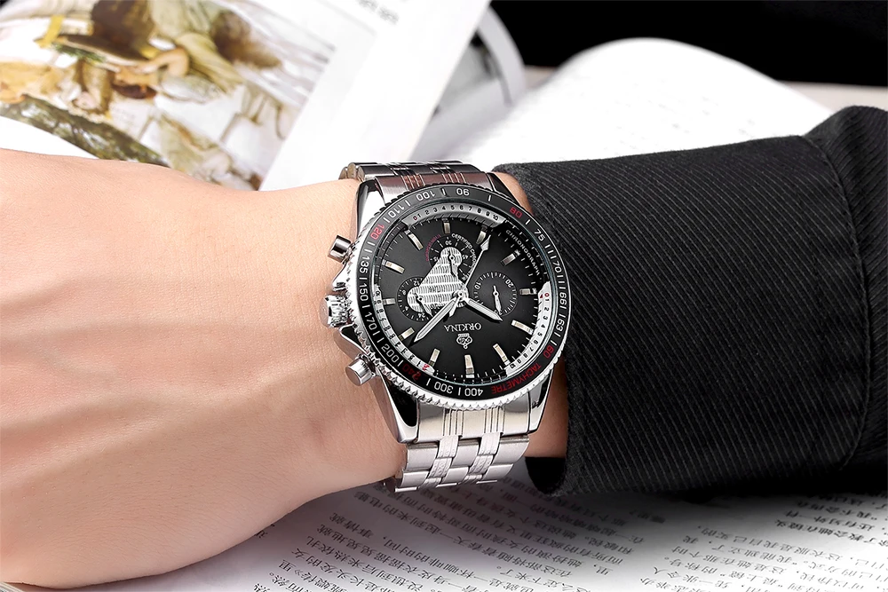 

MG.ORKINA Male Sport Watches Stainless Steel Band Japan Quartz Movement Relojes Chronograph Dial Luminous Hands Men's Wristwatch