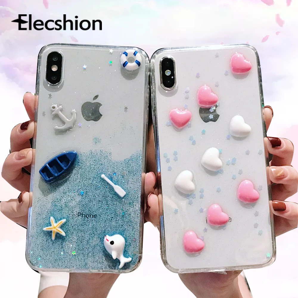 3D Pattern Cases For iPhone 7 8 Plus XR XS Max Fashion Cute Soft Silicone X Xs 6s 6 Epoxy Cloud and Love Cover | Мобильные телефоны
