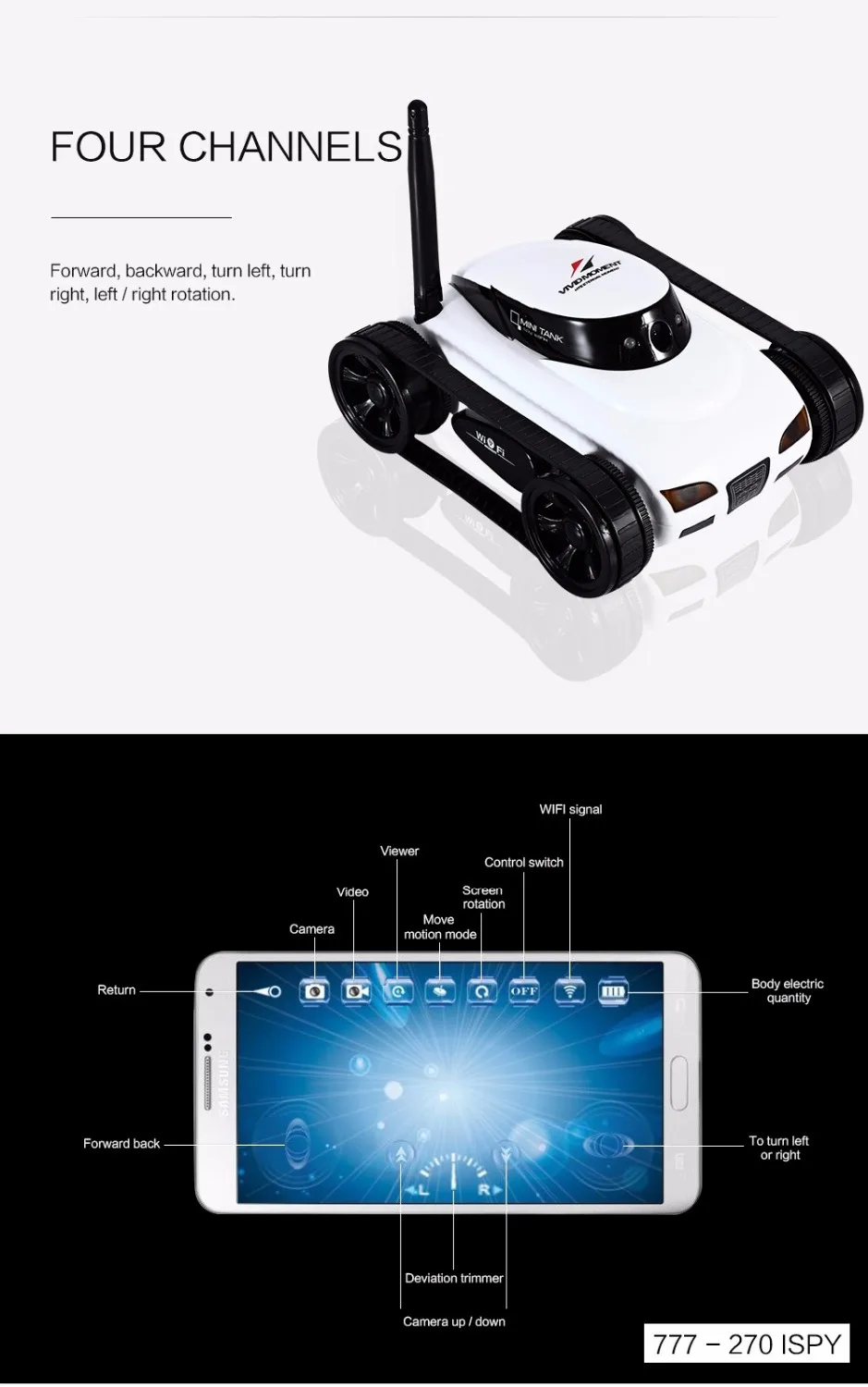 

Children Adult WiFi Rc Mini Tank Car ISpy with Video 0.3MP Camera 777-270 Remote Robot with 4CH Suppots By Mobile phone Apps