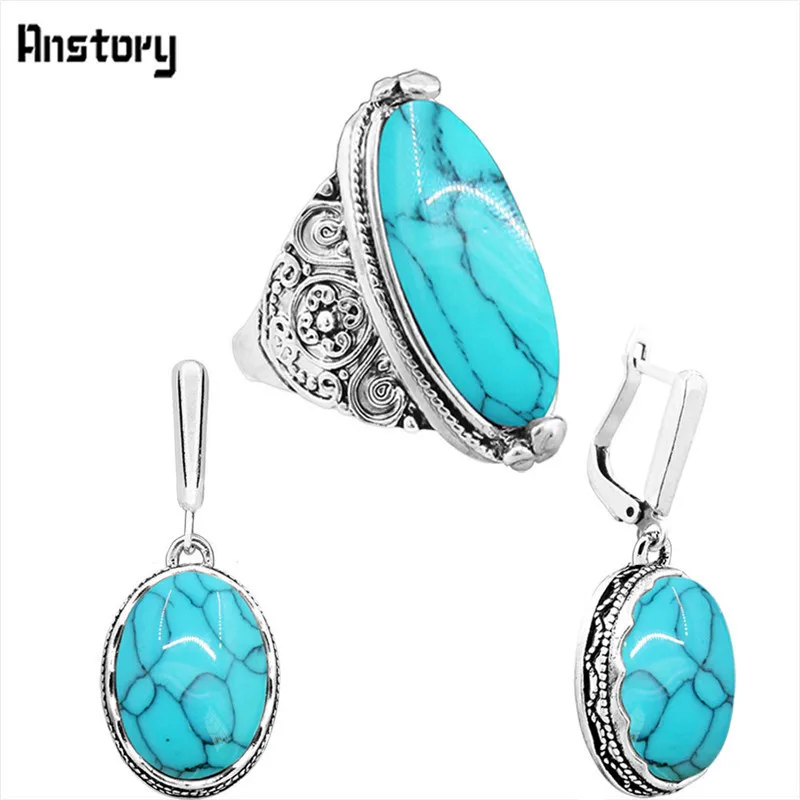 earring ring-Blue Овальный Природный камень комплект ювелирных изделий колье Цепочки и ожерелья Серьги Кольца для Для женщин полые цветок подвеска Нержавеющая сталь цепи - Окраска металла: earring ring-Blue