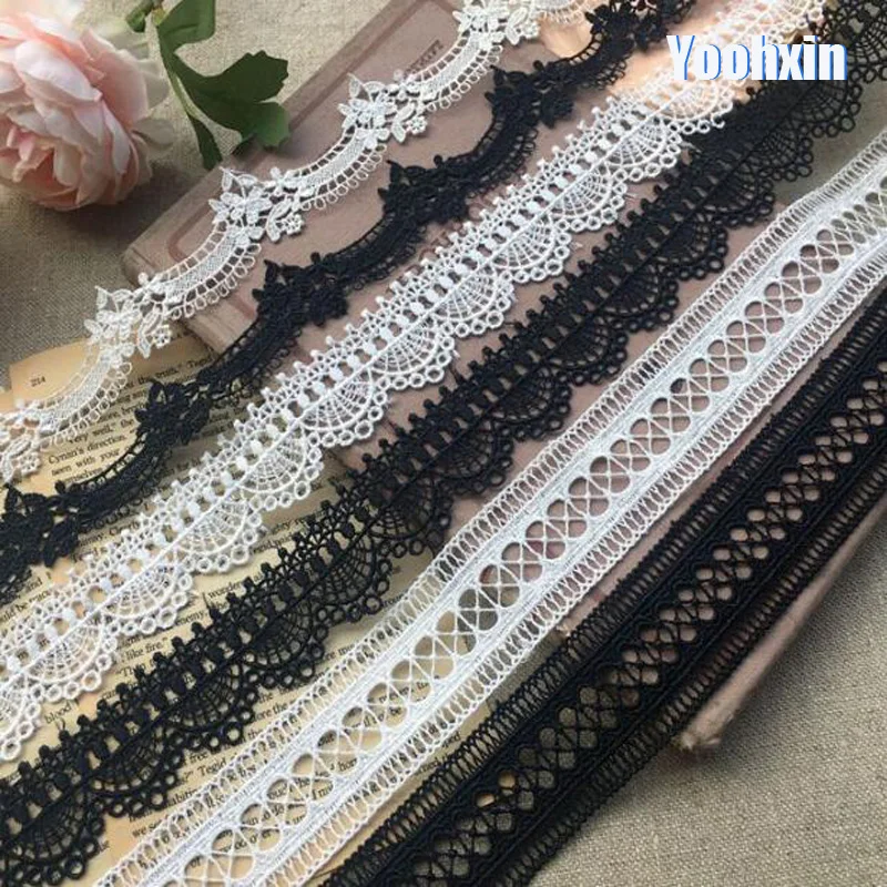 

HOT Embroidered Cotton White Black flower lace fabric Wide sewing DIY trim applique Ribbon wedding collar dress guipure decor
