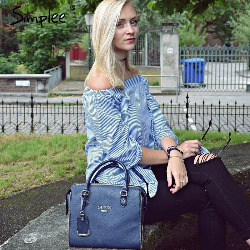 Женская голубая блузка Simplee с бантом женская летняя белая открытыми плечами