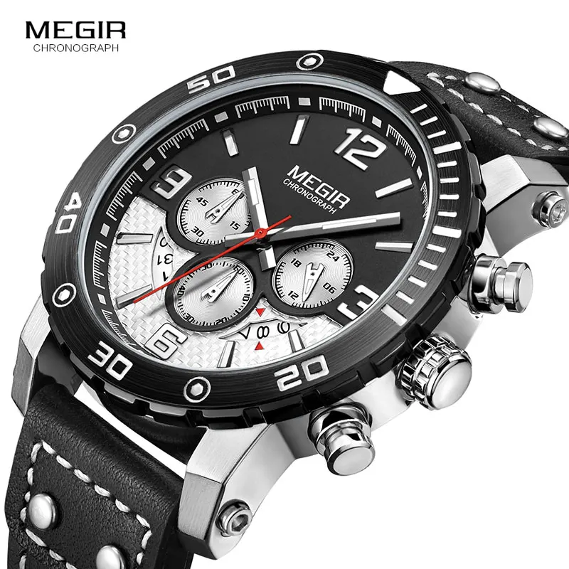 

MEGIR Men's Sports Quartz Watches Fashion Leather Strap Chronograph Analogue Wrist Watch for Man Luminous Waterproof 2084GBK-1