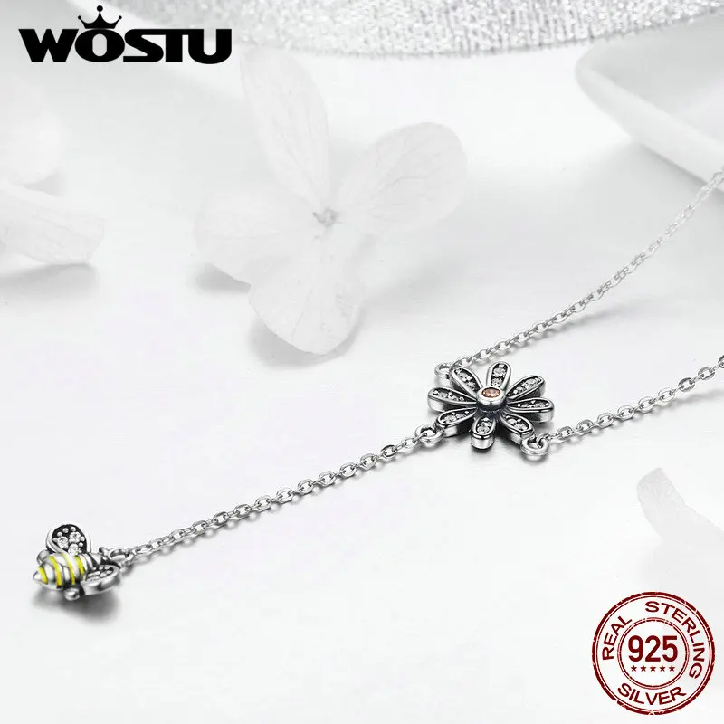 WOSTU New Arrival 100% 925 Sterling Silver Bee Love Daisy Flower Pendant Necklace For Women S925 Jewelry Gift DXN202 | Украшения и