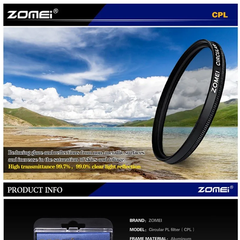 ZOMEI Ultra Slim AGC оптическое Стекло PRO CPL круговой поляризационный фильтр Камера фильтр для объектива 52/55/58/62/67/72/77/82 мм