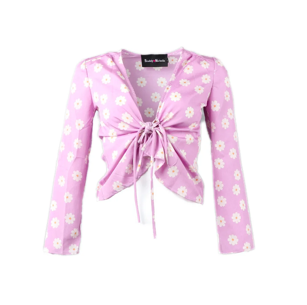 JuneLove 2019 New summer autumn women long sleeve cherry dot sunflower print kimono cardigan chiffon tops lace up blouses |