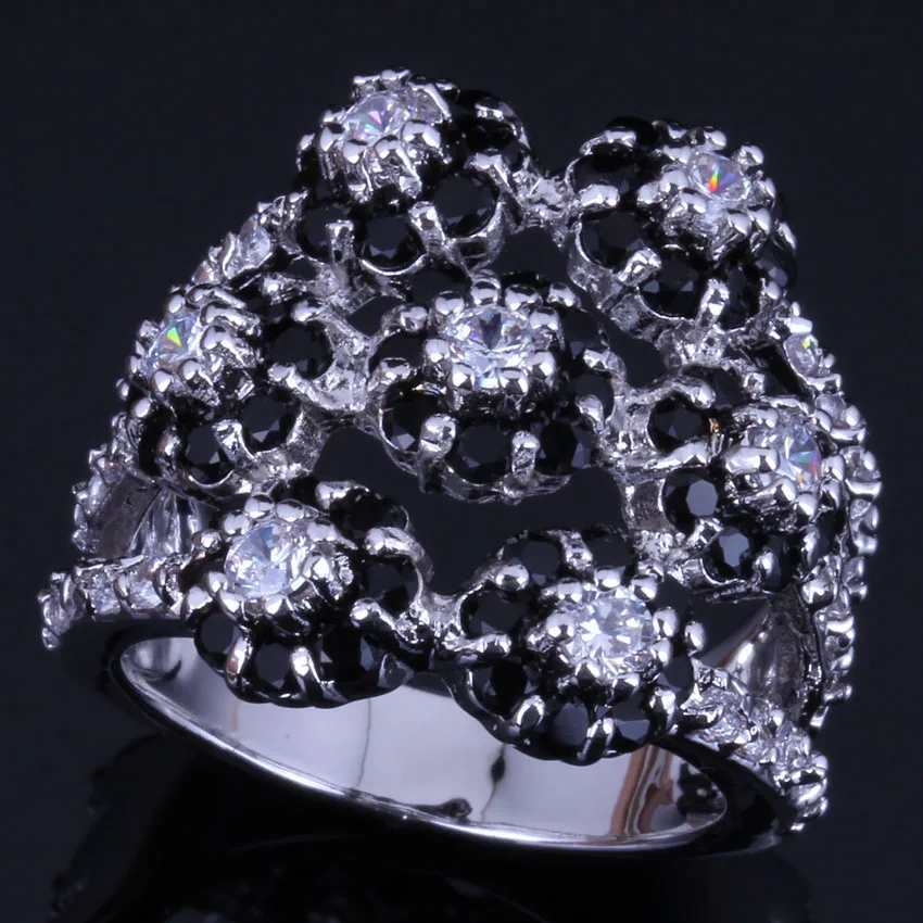 

Heavenly Huge Flower Black Cubic Zirconia White CZ Silver Plated Ring V0547