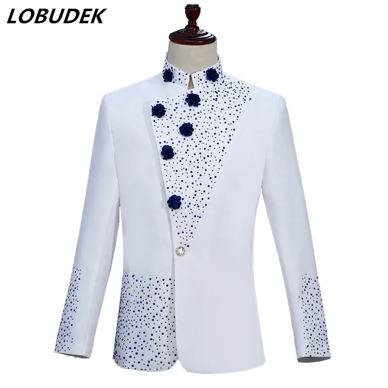 

(jacket+pants) White Men's sets With Blue Crystal Blazers Coat Male Singer Host Stage Outfit Wedding Studio Performance Clothes