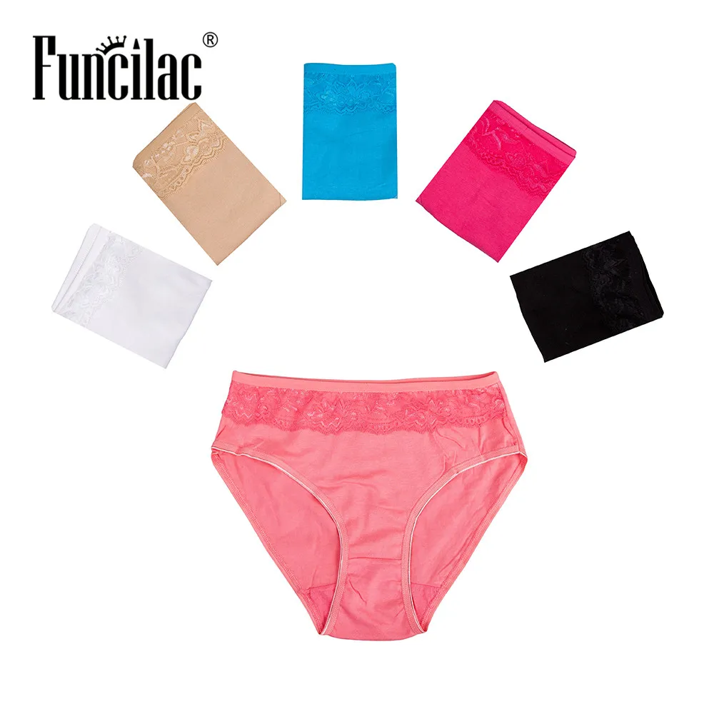 

FUNCILAC Womens Underwear Plus Size Sexy Woman Panties Briefs Ladies Lace Knickers Patchwork Solid Seamless Mid Rise 5pcs/Lot