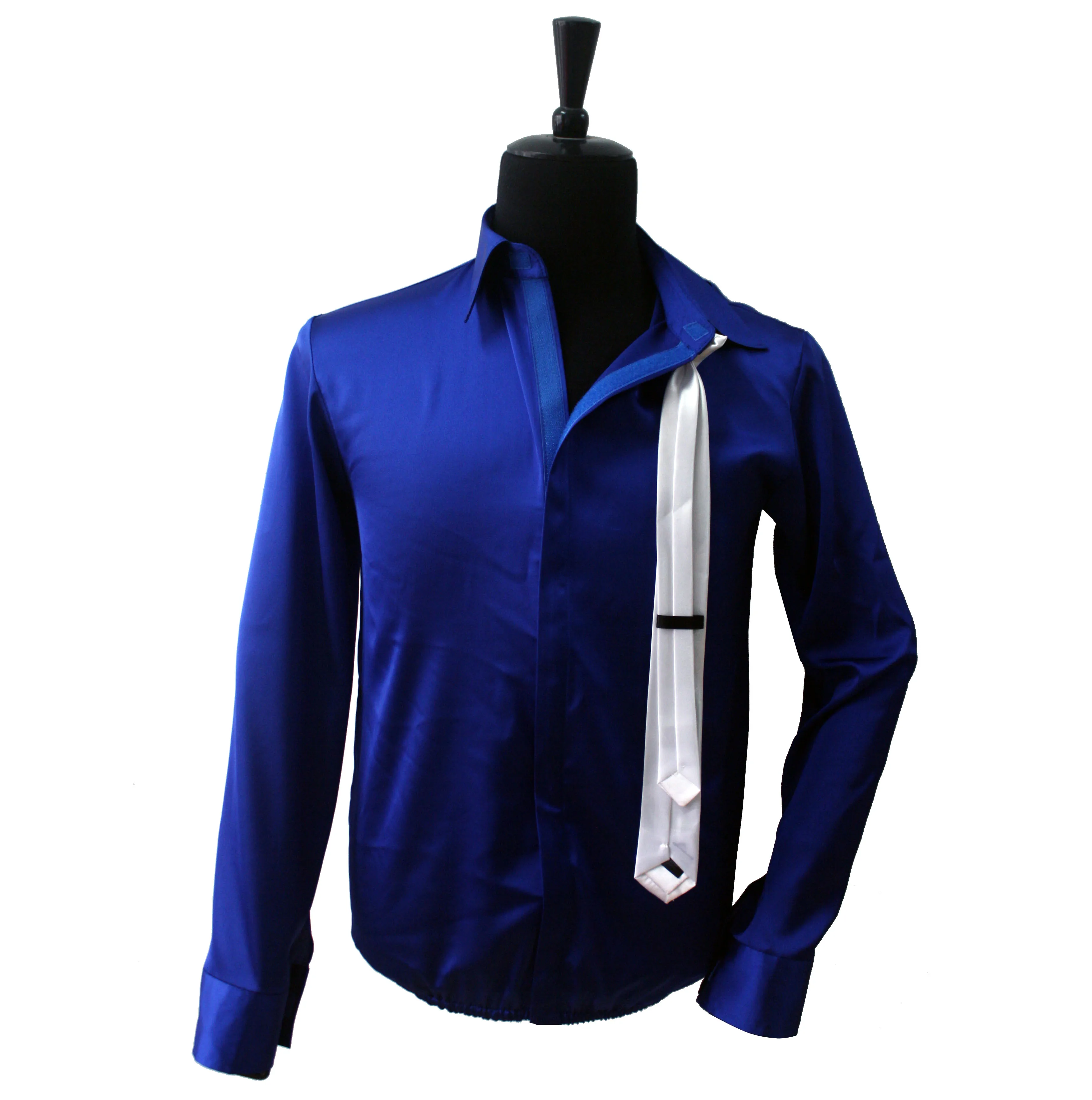 Фото Retro MJ Michael Jackson Smooth Criminal Bule Shine Shirt & Tie Thread Gluing Performance Halloween Show Clothing No Button №2