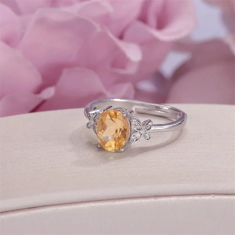 Fine Jewelry 925 Silver Rings for Women 8*6mm Citrine Yellow Oval Natural Gemstone Adjustable Ring Elegant Wedding Bands R-CI002 | Украшения