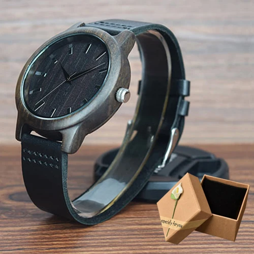 black watch with box Бамбуковые деревянные часы мужские минималистичные дизайн из натуральной кожи ремешок кварцевые наручные мужские часы как подарки relogio masculino - Цвет: black watch with box