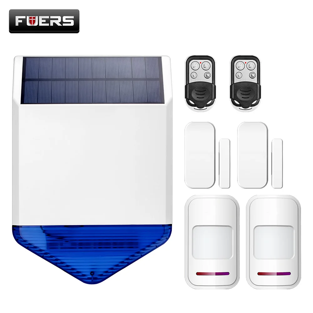 FUERS Wireless Outdoor Solar Siren Waterproof  Siren And Two PIR Motion Sensor Detector 433MHz  Door Magnetic Sensor Detector