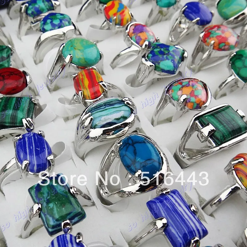 New 30pcs Charms Vintage Mix Natural Malachite Stones Turquoise Silver P Womens Mens Rings Wholesale Jewelry Lots A-918 | Украшения и